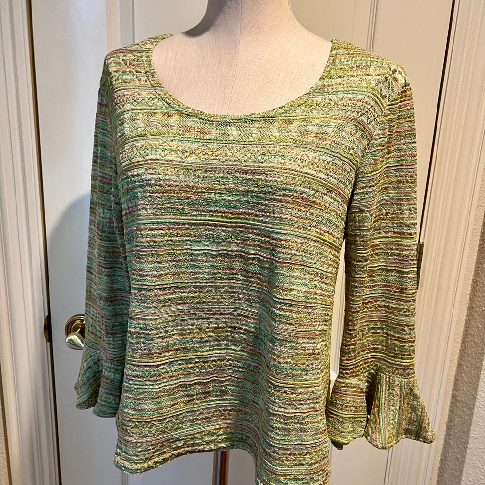 Boho Green Pink Bell Sleeve Women's Blouse